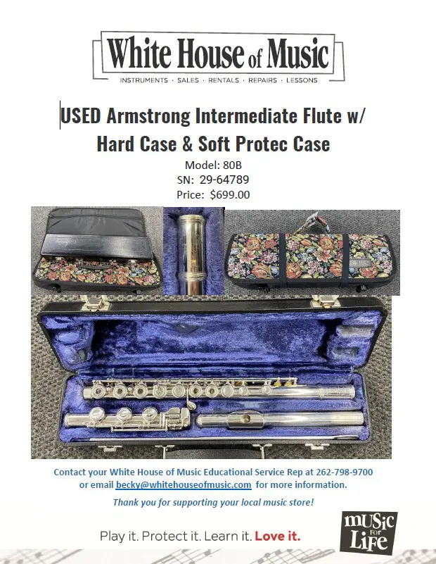 USED Armstrong intermediate Flute, $699.00 USD. Contact Becky@whitehouseofmusic.com