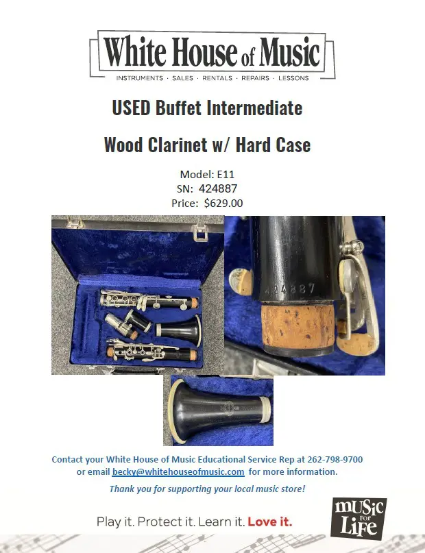 Used Buffet Wood Clarinet, Model E11, Price $629.00 USD. Contact Becky@whithouseofmusic.com