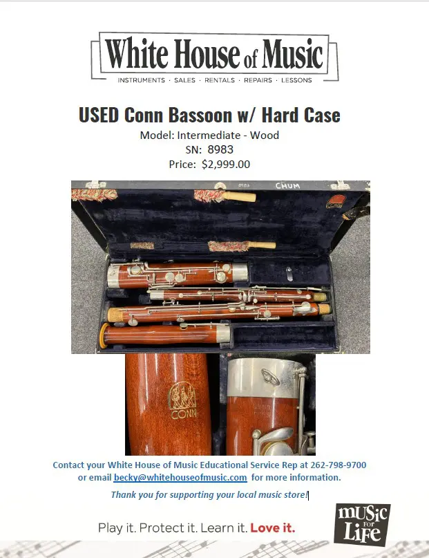 Used Conn Bassoon with hard case. Intermediate wood, serial number 8983, price $2999.00 USD. Contact Becky@whitehouseofmusic.com