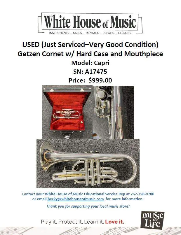 Used Getzen Cornet, $999USD. Contact Becky@whitehouseofmusic.com