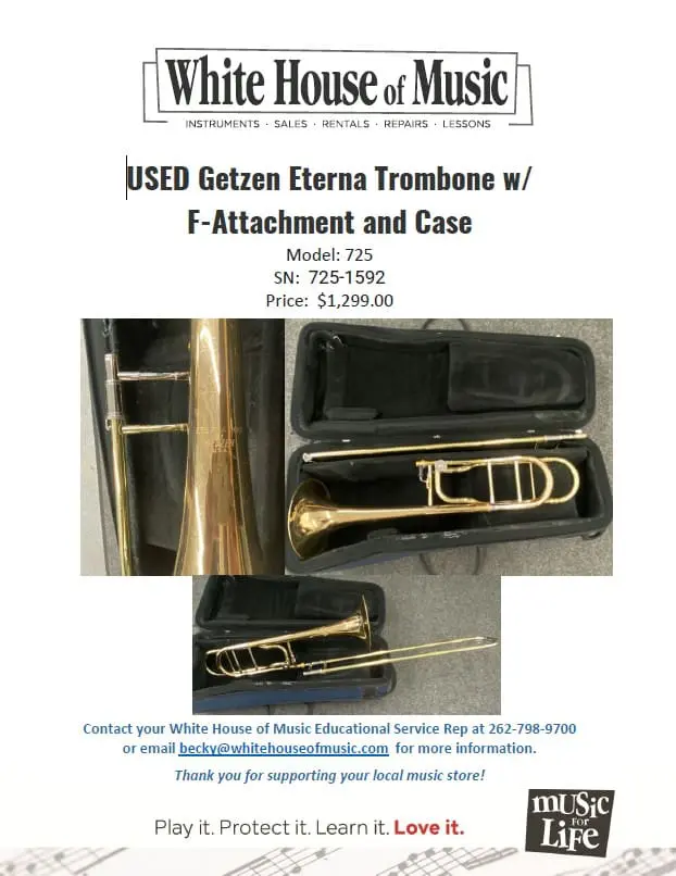Used Getzen Trombone with f-attachment. $1,299.00 USD Contact Becky@whitehouseofmusic.com