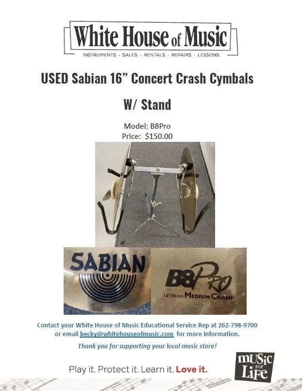 Used Sabian 16" Concert Crash Cymbals, $150.00 USD, Contact Becky@whitehouseofmusic.com