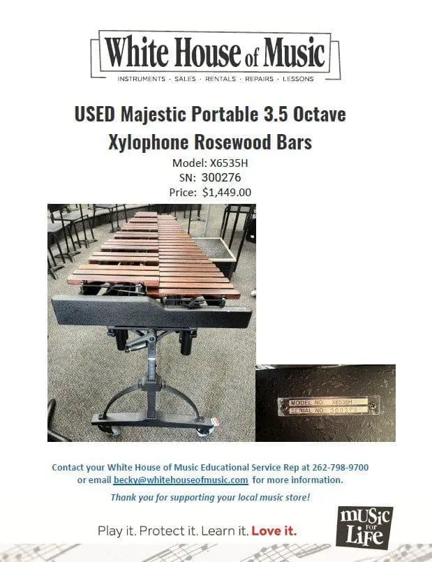 Used Majesticc Protable 3.5 Octave Xylophone Rosewood bars. Model X6535H, Price: 1,449.00 USD. Contact Becky@whitehouseofmusic.com