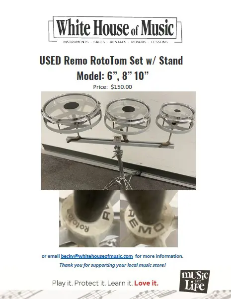 Used Remo RotoTom Set with Stnad for $150.00 USD. Contact Becky@whitehouseofmusic.com