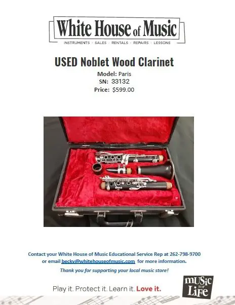 Used Noblet Wood Clarinet, Model Paris, Serial Number 33132, Price $599.00 USD, Contact Becky@whitehouseofmusic.com
