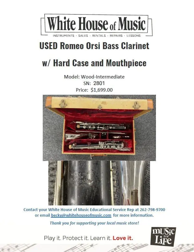 Used Romeo Orsi Bass Clarinet, $1699.00 USD, Contact Becky@whitehouseofmusic.com