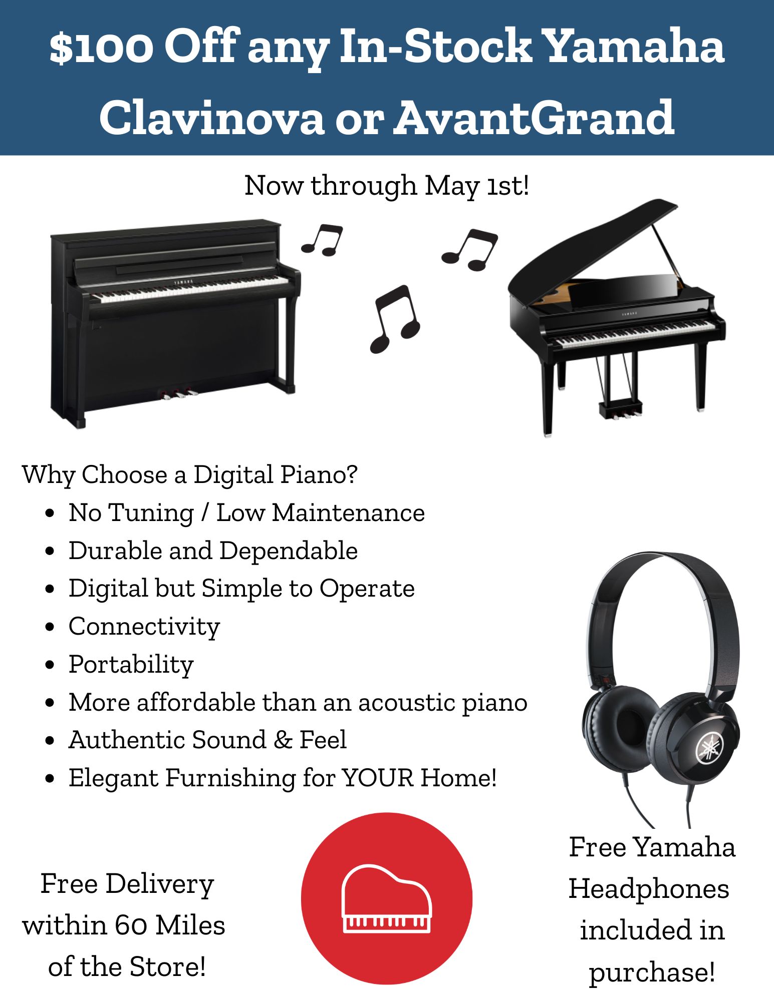 $100 Off in stock avantgrand and Clavinova through may 1st, 2026. Free delivery & free headphones. 