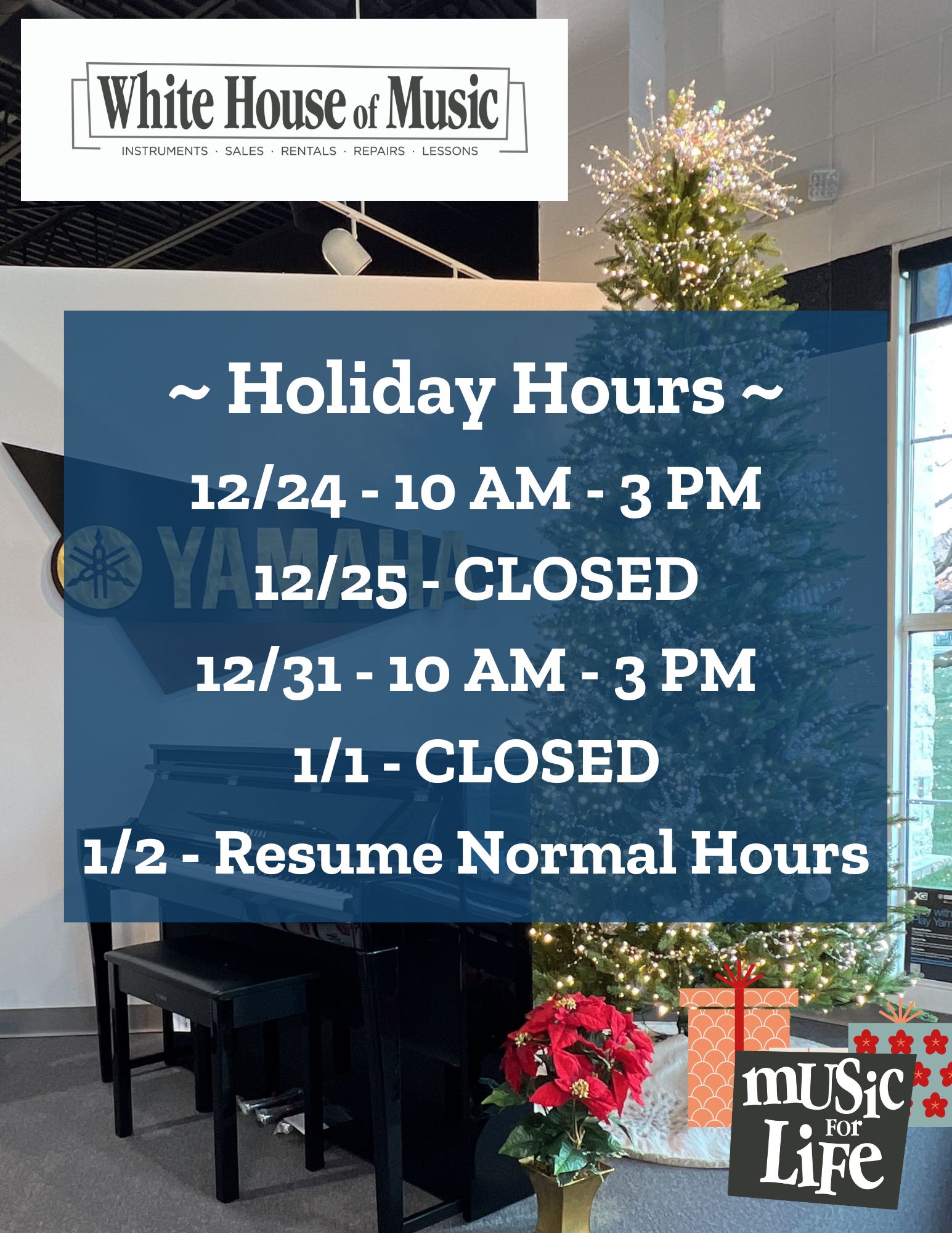 ~ Holiday Hours ~
12/24 - 10 AM - 3 PM
12/25 - CLOSED
12/31 - 10 AM - 3 PM
1/1 - CLOSED
1/2 - Resume Normal Hours