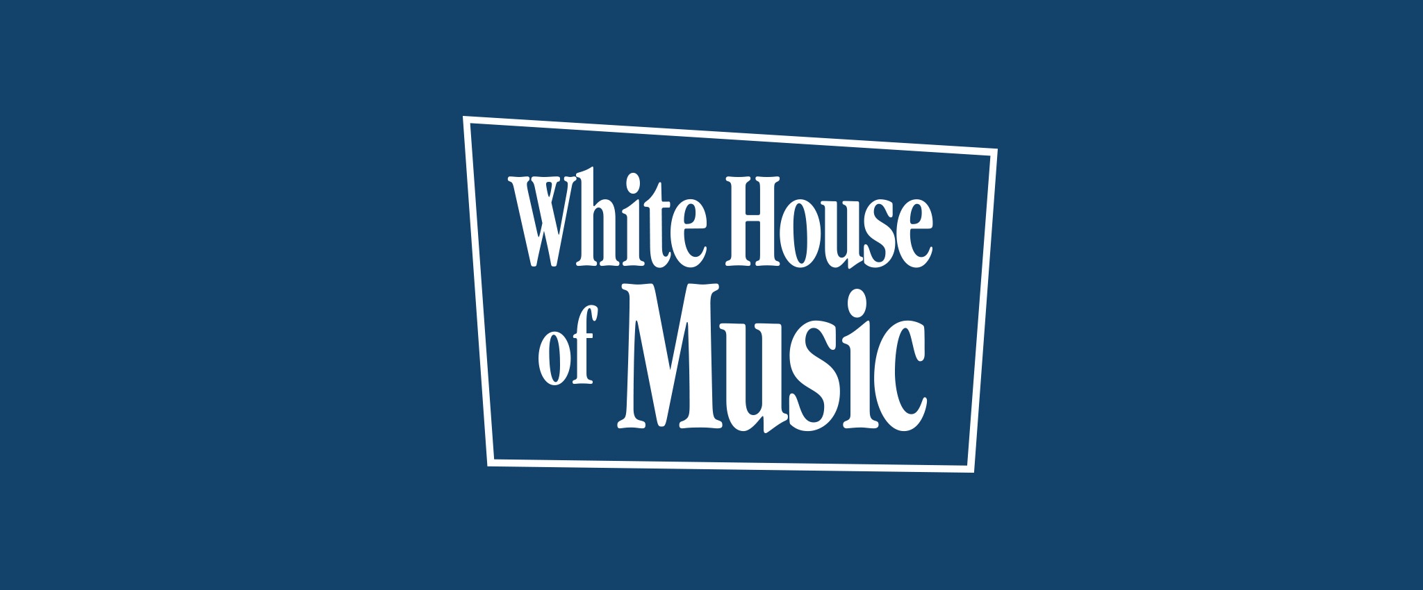 White House of Music stacked logo, white with blue background
