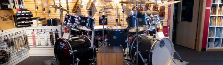 Drum set displayed in the Hartland White House of Music location
